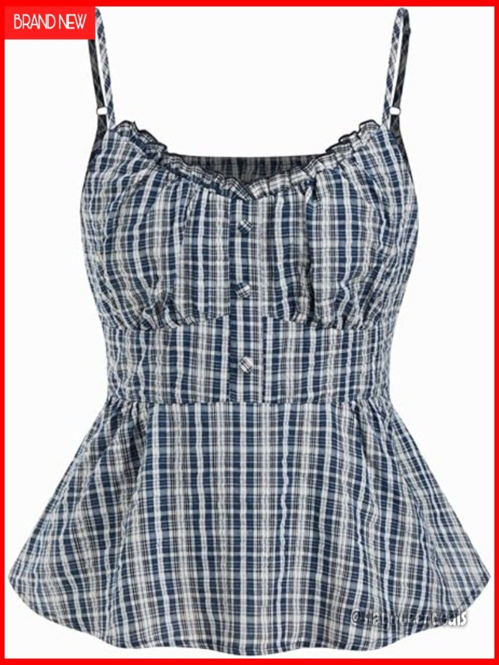 Gingham Babydoll Crop Tank Top V Neck Ruched Ruffle Tie Summer